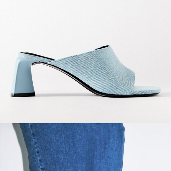 Light denim heeled sandal mules slides - Picture 3 of 7